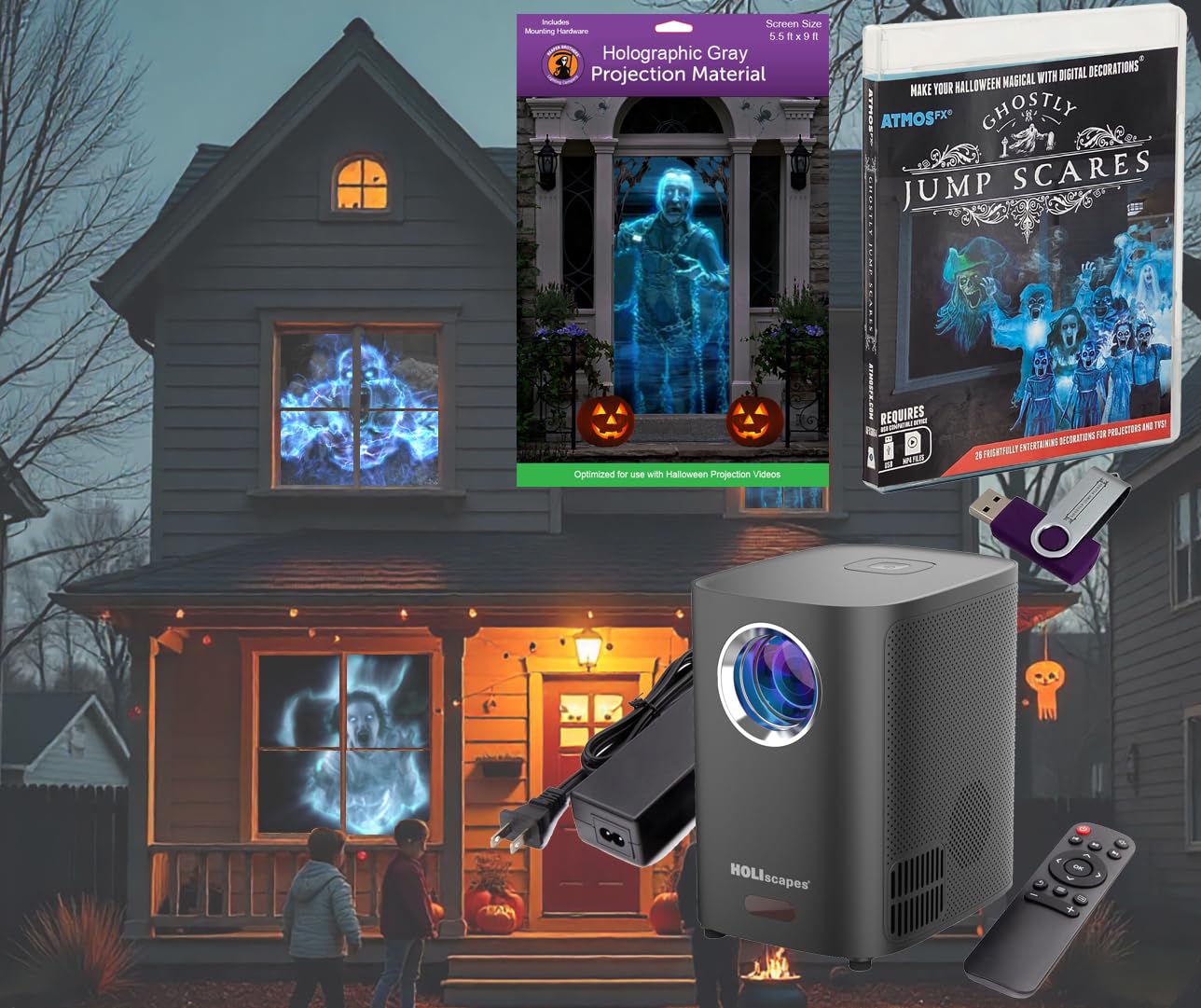 HoliScapes® USB Projector Kit - Ghostly Jump Scares + Projector + 5.5 ft x 9 ft 
