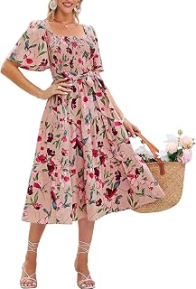 Amegoya Women's Boho Flowy Long Sleeve Square Neck Floral Midi Dress Smocked Spring Fall Wedding Guest Dresses