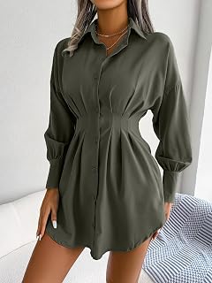 Women Casual Button Down Collar Long Sleeve Irregular Hem Work Office Mini Dresses