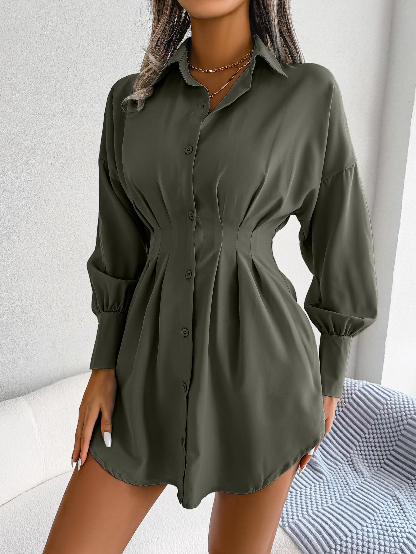 Women Casual Button Down Collar Long Sleeve Irregular Hem Work Office Mini Dress