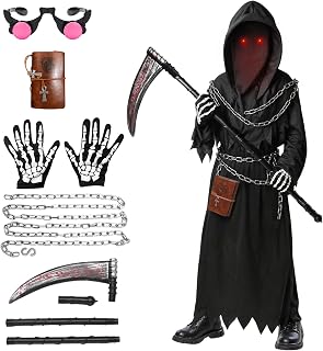 Grim Reaper Costume Kids Adults 6Pcs Halloween Costumes for Boys Men Scary Ghost Cosplay Outfit