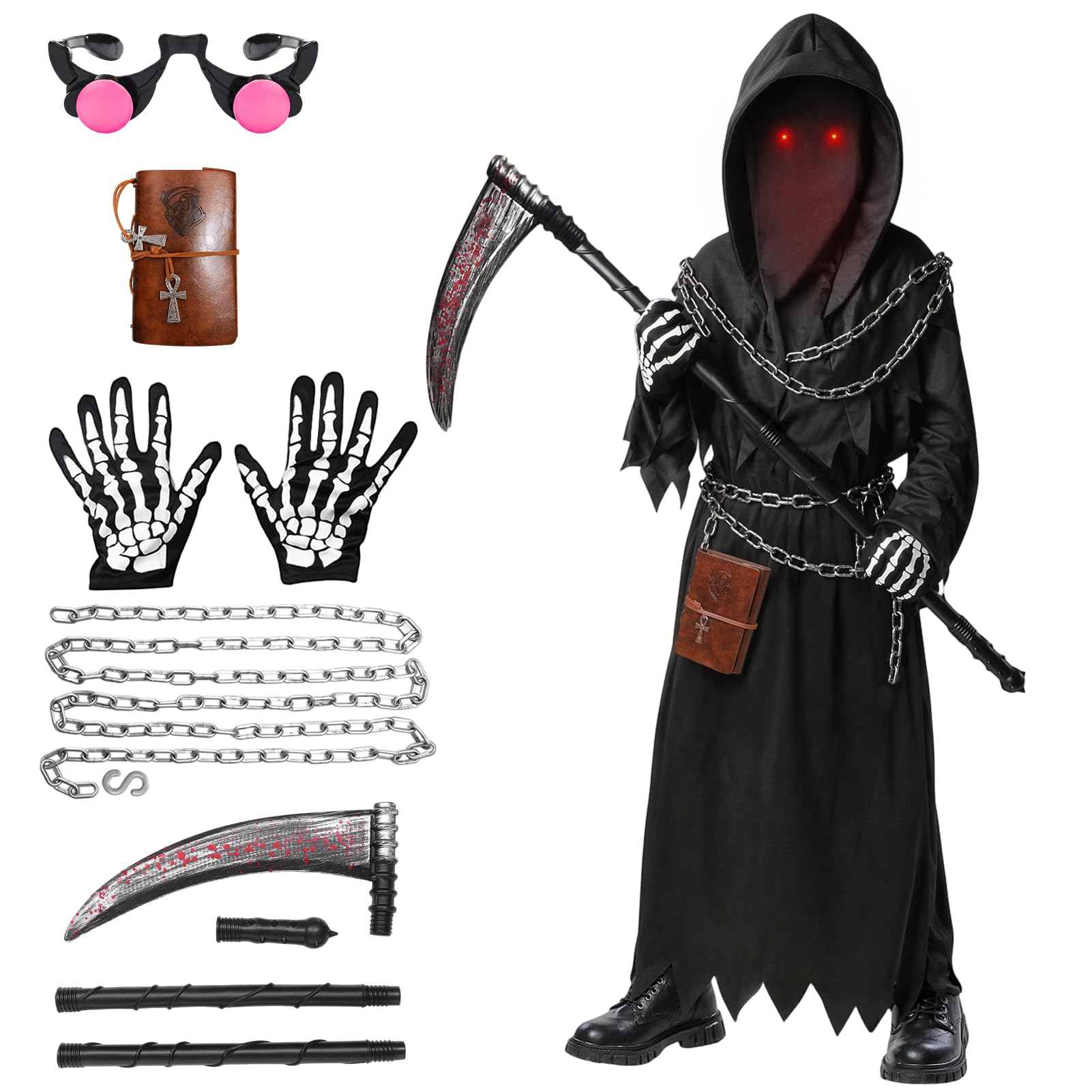 Grim Reaper Costume Kids Adults 6Pcs Halloween Costumes for Boys Men Scary Ghost