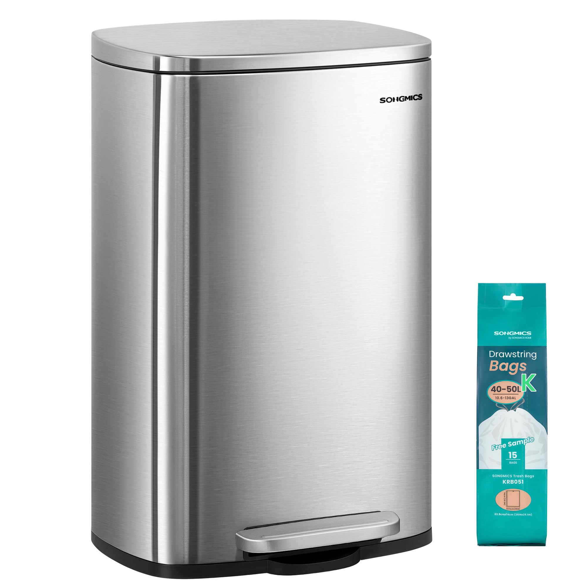 SONGMICS 13 Gallon (50 L) Trash Can, Stainless Steel, Step-On Pedal | Kitchen Ga
