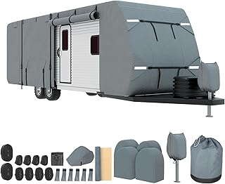 Mofeez Travel Trailer RV Cover 9 Layers for 24'-27' Camper Cover RV Covers | Extra-Thick Windproof Waterproof Rip-Stop Camper Covers with Adhesive Repair Patches, 2Pcs Extra Straps & 4 Tire Covers