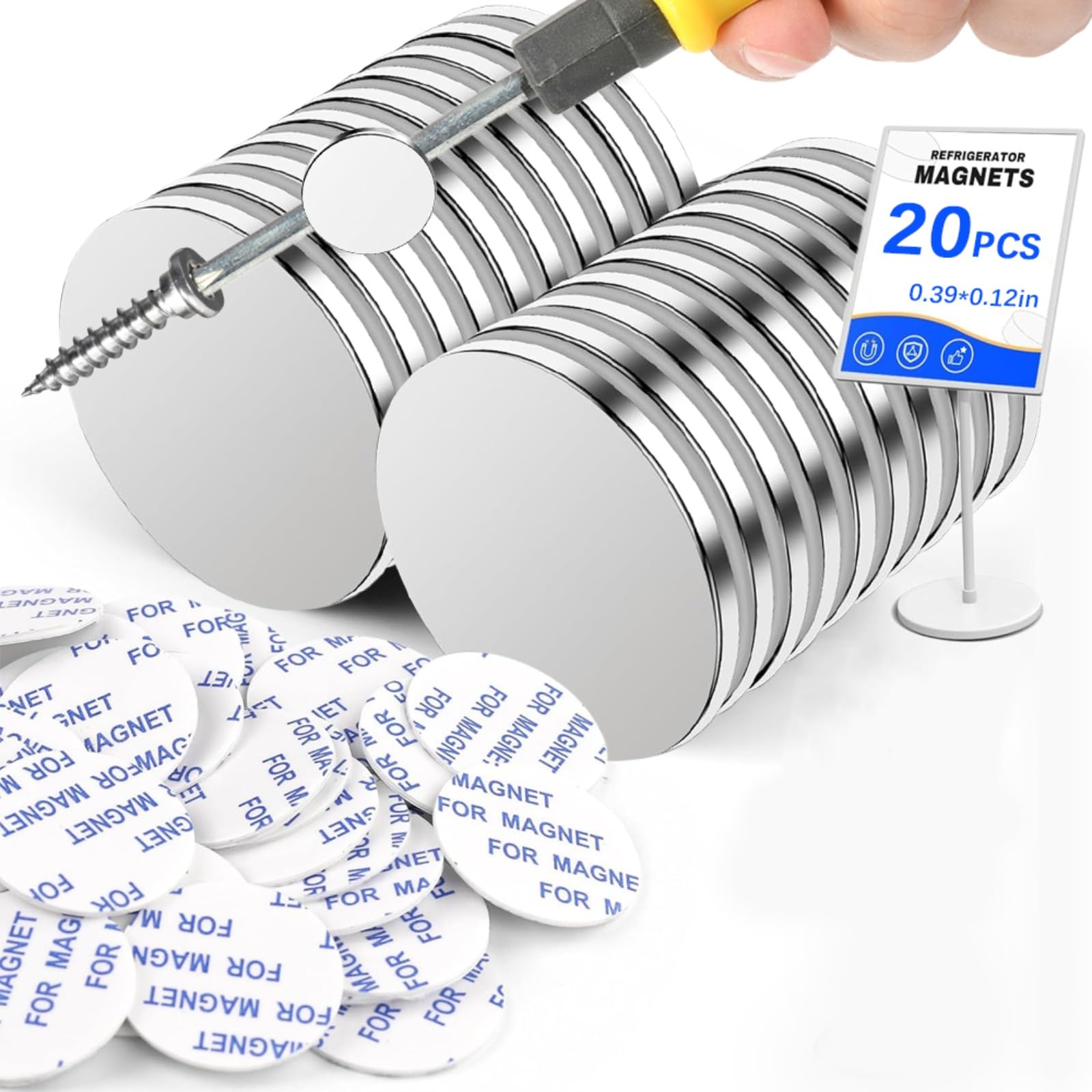 20 Pack Refrigerator Magnets with Double-Sided Adhesive, 10x3mm Small Round Frid