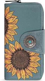 Montana West Bifold Sunflower Wallet Women Large Wallets for Women RFID Wallet Ladies Female Western Clutch Wallets Jeans Blue with ID Window and Coin Purse