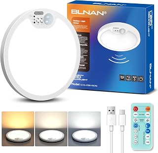 BLNAN Rechargeable Motion Sensor Ceiling Light with Remote | 3000K 4000K 5000K Selectable, 7000mAh Battery Operated Ceiling Light, Auto/ON/G Mode, White, 8.7Inch 1Pack