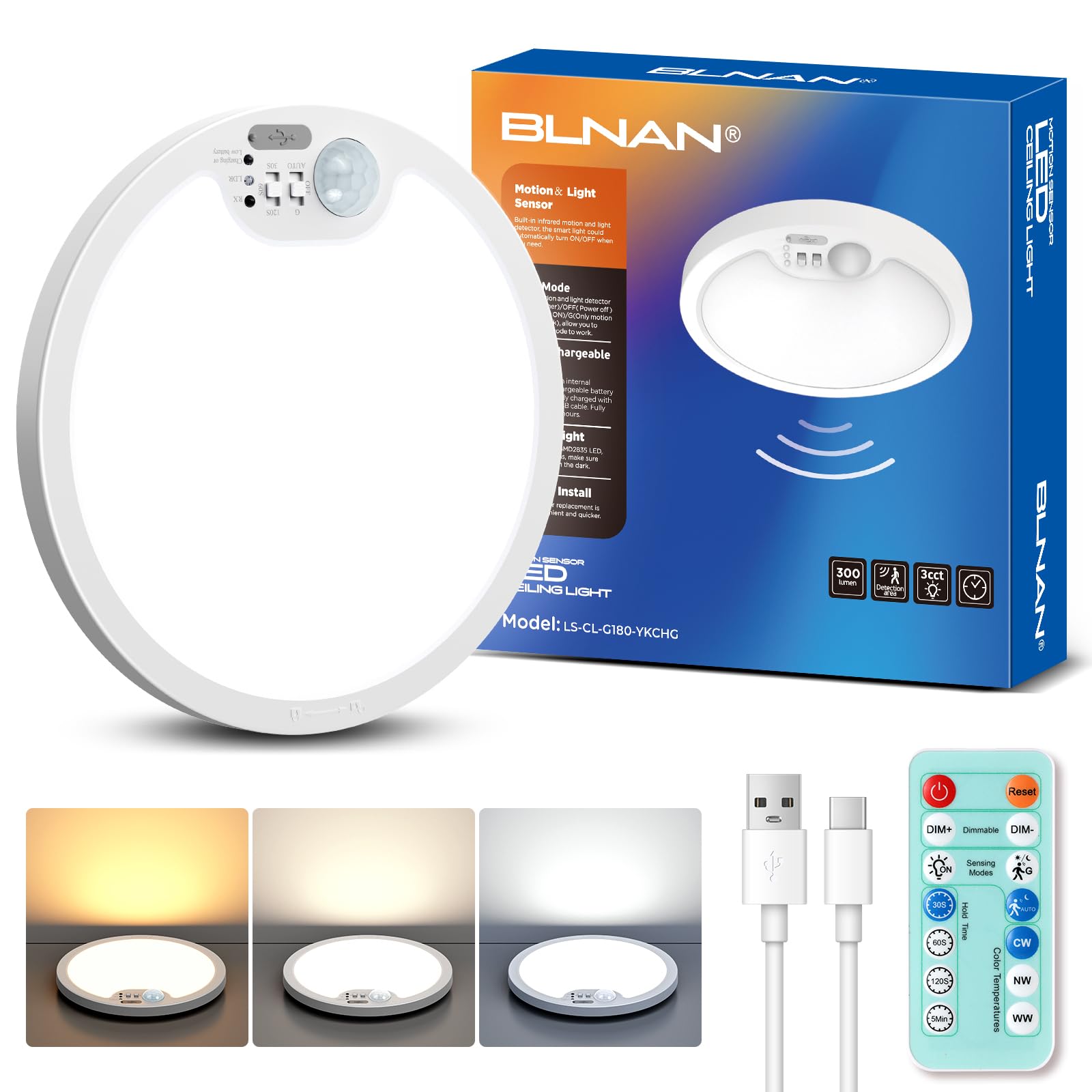 BLNAN Rechargeable Motion Sensor Ceiling Light with Remote | 3000K 4000K 5000K S