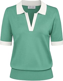 Kate Kasin Women Short Sleeve V-Neck Polo Shirt Casual Ribbed Pullover Loose Sweater
