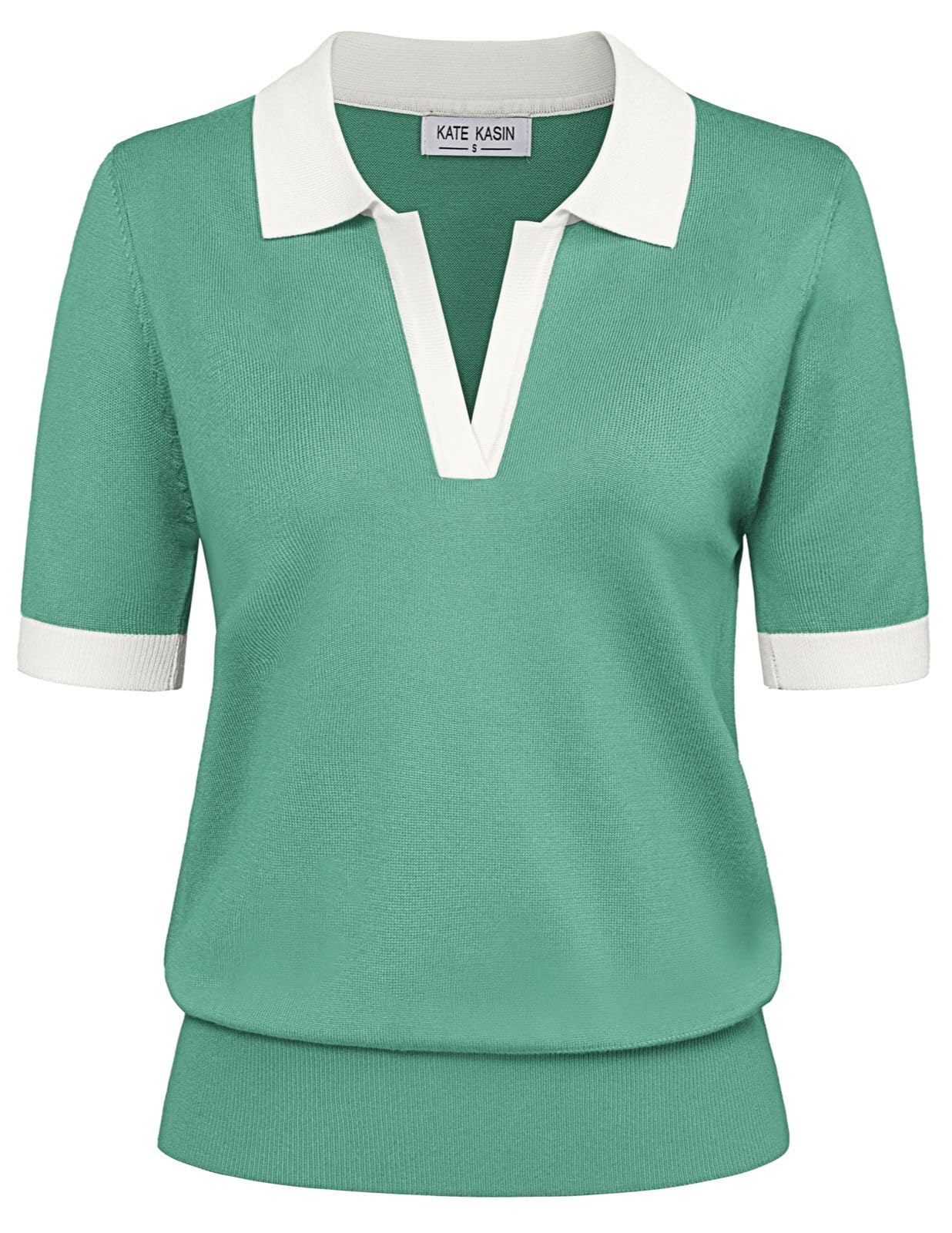 Kate Kasin Women Short Sleeve V-Neck Polo Shirt Casual Ribbed Pullover Loose Swe
