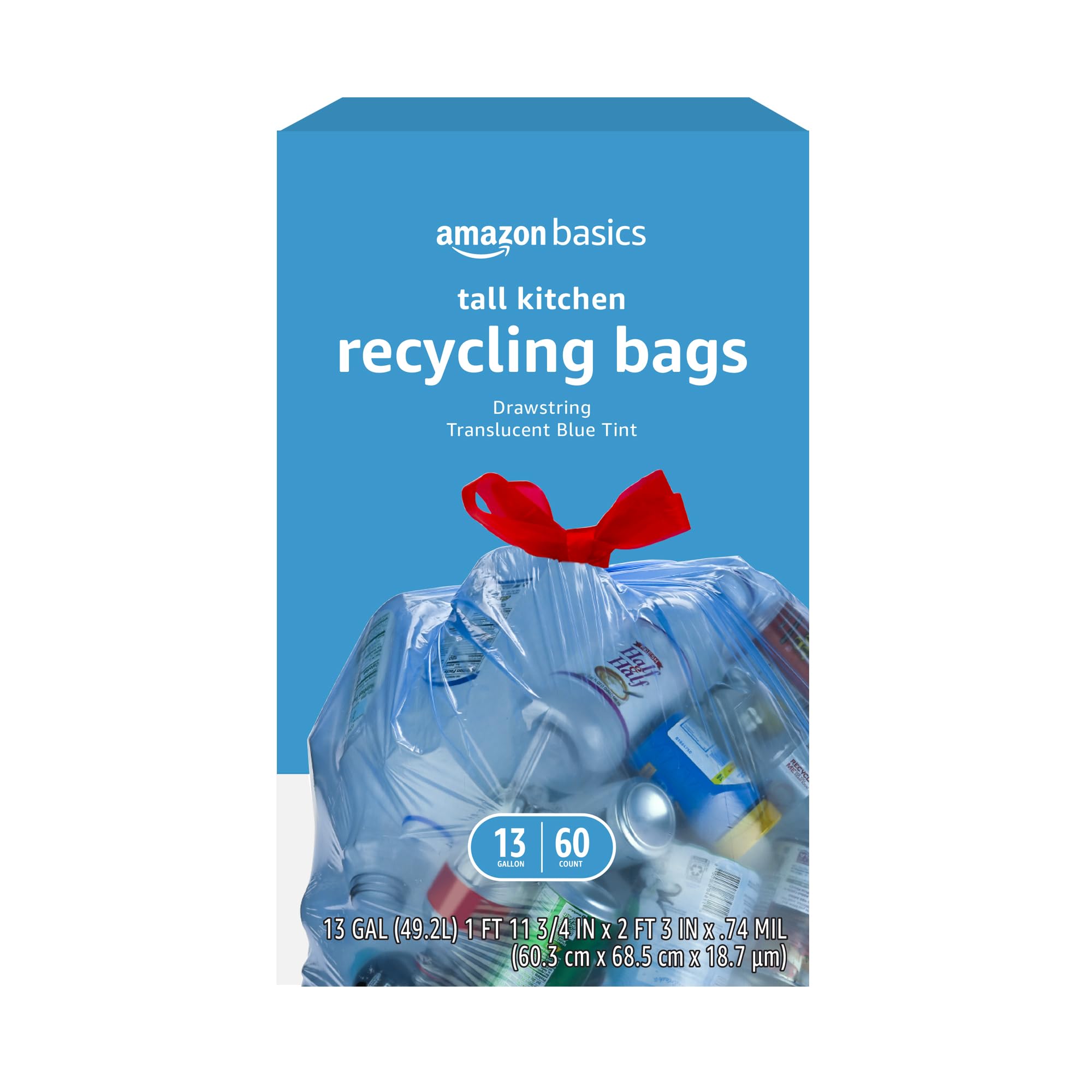 Amazon Basics Blue Recycling Drawstring Trash Bags, Tall Kitchen, Unscented, 13 