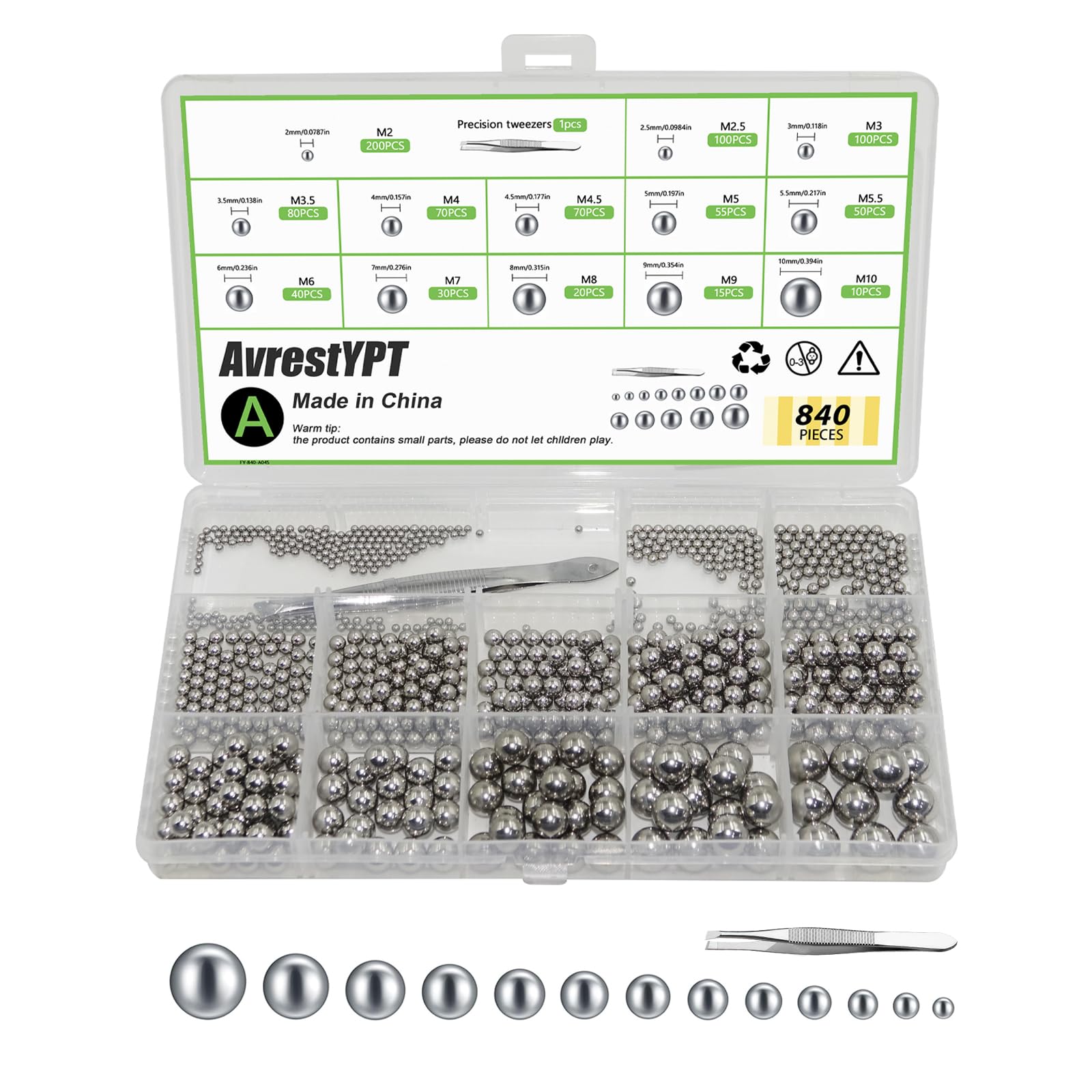 840 Pcs Stainless Steel Bearing Balls, 2/2.5/3/3.5/4/4.5/5/5.5/6/7/8/9/10mm | Me