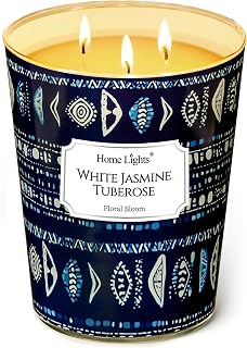 HomeLights Scented Candles | Large Jar 960g Natural Soy Candle | 130 Hours Long Lasting with 3 Wicks | Bohemian Natural for Home Decor White Jasmine Tuberose