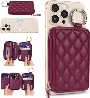 Compatible with MagSafe Wallet,Magnetic Phone Wallet Card Holder for iPhone 18/17/16 Pro Max/15 Pro/14 Plus/13/12 Series,PU Leather Zipper Pocket Adjustable Stand-Rose red