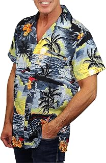 V.H.O. Funky Hawaii-Hemd Herren Kurzarm Front-Tasche Standard-Fit Sommer-Hemd Surf Sonnenuntergang Palmen