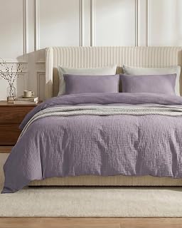 SE SOFTEXLY Set copripiumino in mussola per letto queen size, 100% cotone lavato, ultra morbido, 3 pezzi, copripiumino minimalista in garza con 2 federe, 228,6 x 228,6 cm, viola grigio