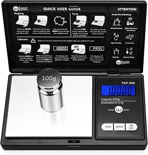 Digital Pocket Gram Scale 200g x 0.01g High Precision with 100g Calibration | Mini Scale Weighs Kitchen Small Food, Jewelry, Ounces, Grains, LCD Display, Tare Function With 100g Calibration Weight