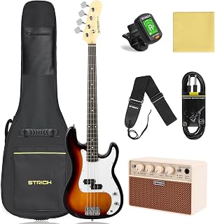 STRICH Electric Bass Guitar 4 Strings Full-Size Beginner Kit, Standard Bass for Starter with 2 x 5w Amp, Bag, Tuner, Strap, Cable, SPB-S10 Sunburst
