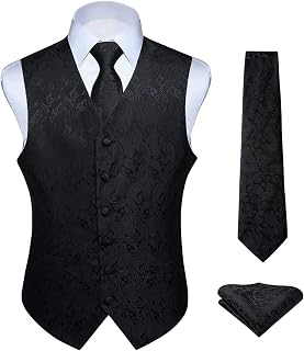 Hisdern Men's Floral Wedding Waistcoat, Tie and Handkerchief Set, Jacquard Waistcoat Suit Set