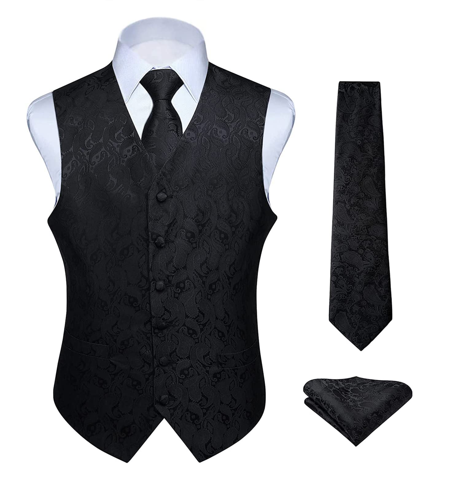Hisdern Men's Floral Wedding Waistcoat, Tie and Handkerchief Set, Jacquard Waist