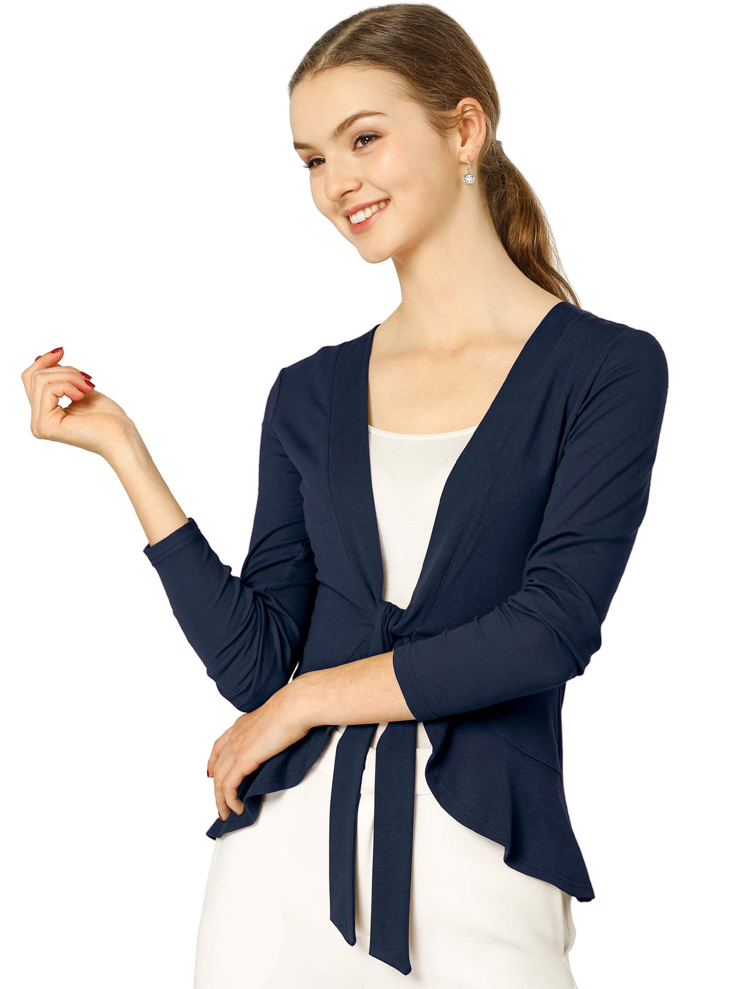 Allegra K Women's Front Tie Ruffled Hem Cropped Cardigan
