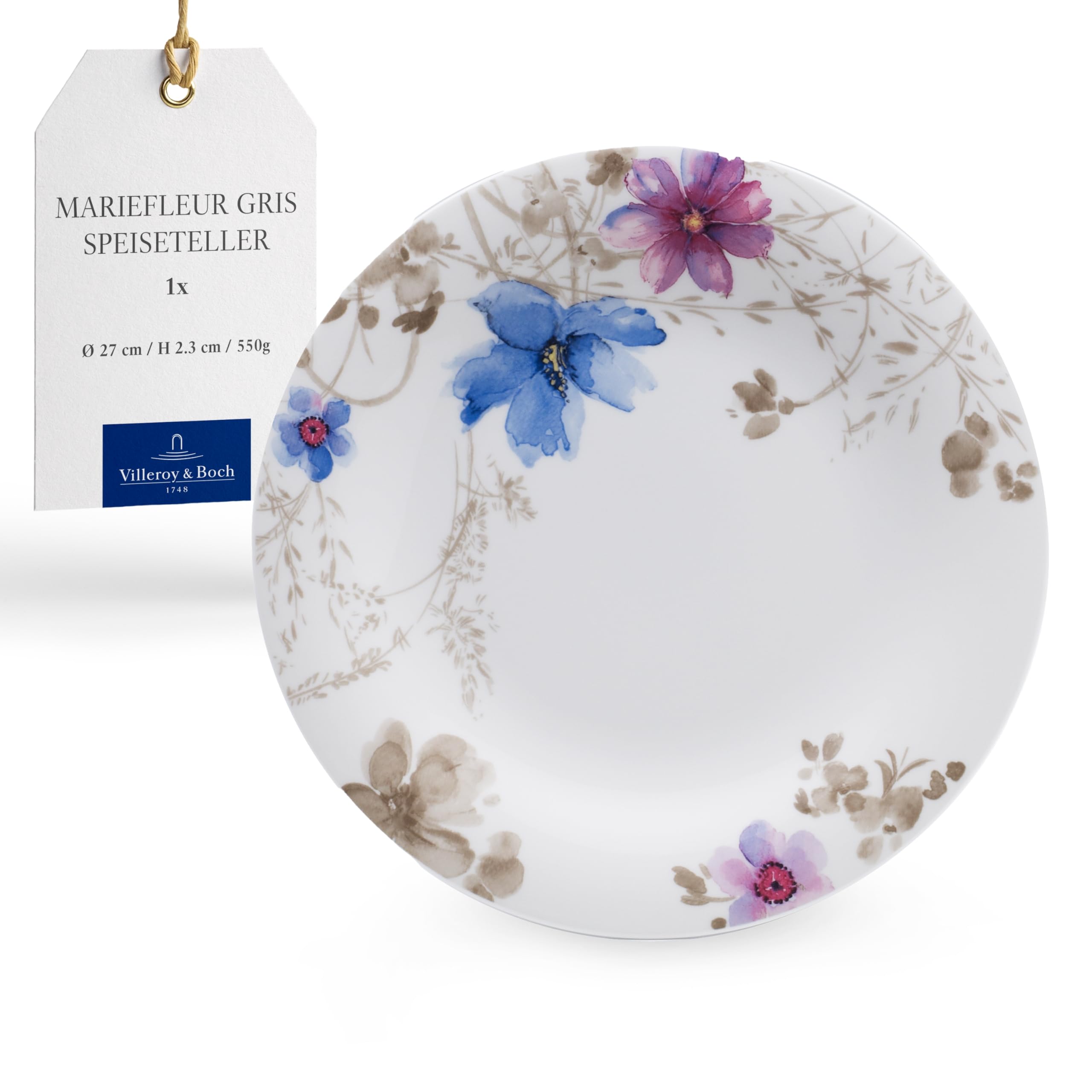 Villeroy & Boch Mariefleur Premium Porcelain Dinner Plate, Grey, 27 cm