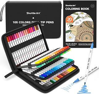 Shuttle Art Dual Tip Brush Pens Art Markers, 105 Colors Fine and Brush Dual Tip Markers Set in Portable Case with 1 Coloring Book for Adult Artist Coloring Calligraphy Journal Doodling Writing