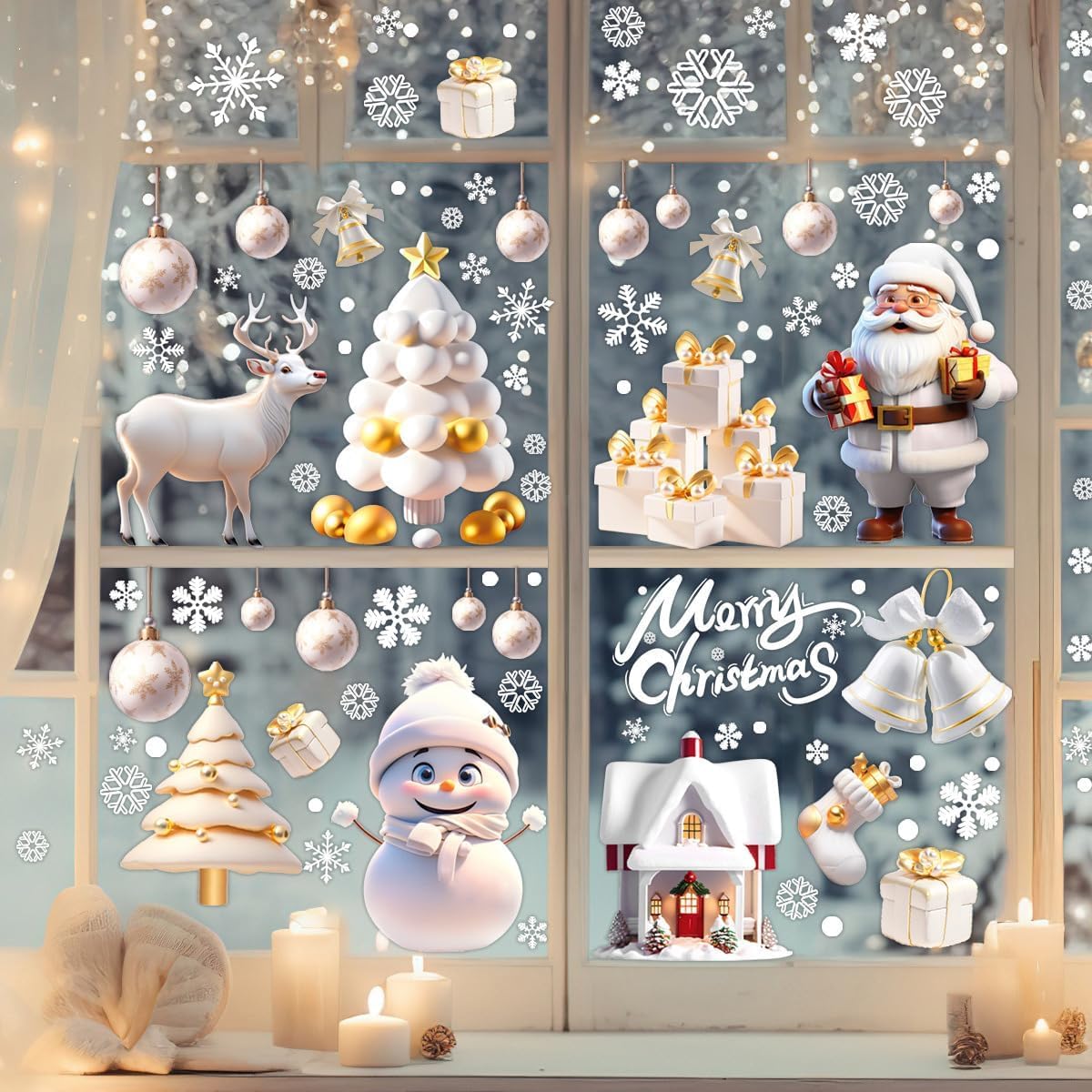 9 Pcs Pink Christmas Window Stickers Santa Clause Double Sided Window Decoration