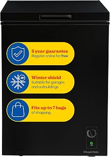 Russell Hobbs Black Chest Freezer 143L Freestanding, Adjustable Thermostat, Chill or Freeze Function, 4 Star Freezer Rating & Suitable for Outbuildings & Garages RH142CF0E1B