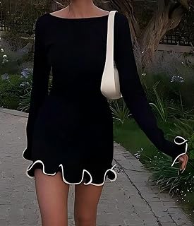 Women's Ruffle Long Sleeve Fashion Boat Neck Mini Dress Club Party Dress