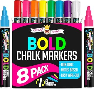 Liquid Chalk Pens - Dry Erase Marker Pens - Chalk Pens for Chalkboards, Signs, Windows, Blackboard, Glass Reversible Tip (8 Pack) (Multicolored, 6mm)