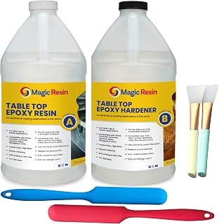 Magic Resin | Epoxy Resin for Table Top with Sticks & Brushes | 1 Gallon Kit (3.78 L) 128oz | UV Resistant | High Gloss Thick Clear Coat | Table Tops, Bar Tops, Countertops, Thin Pours, Artworks