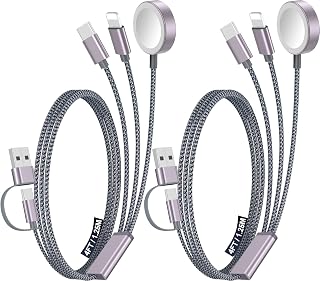 2Pack Travel Essentials for Apple Watch Charger,3-in-2 Multi Charging Cable | Cruise Vacation Camping Essentials for iPhone Charger,Type C/Lightning for iWatch,iPhone 18-12,Xbox Series X&S-4FT Gray