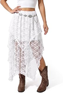 Women's Lace Long Skirts Elastic Western Skirt Asymmetrical Layered Hem Flowy Boho Skirt See-Through Floral Beach Maxi Skirt
