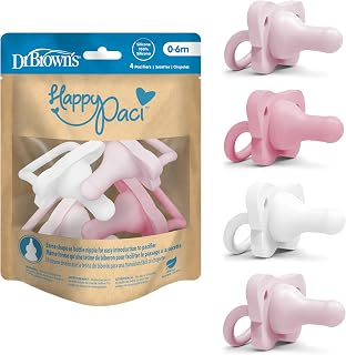 Dr. Brown's HappyPaci Baby Pacifier, Light-Pink, Pink, White, 0-6m, 4-Pack | Pack of 4 Pacifiers, 100% Silicone, Contoured One-Piece Design, BPA-Free