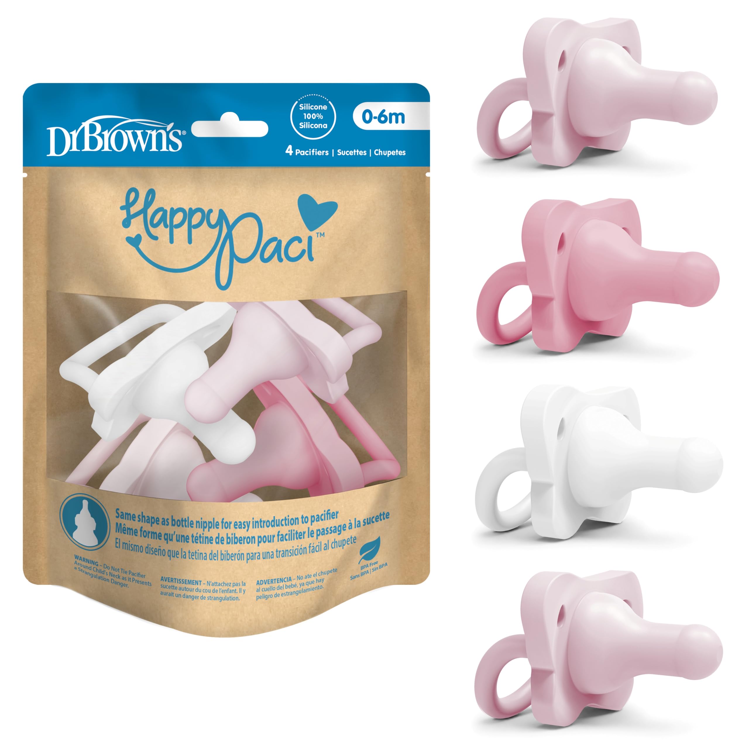 Dr. Brown's HappyPaci Baby Pacifier, Light-Pink, Pink, White, 0-6m, 4-Pack 