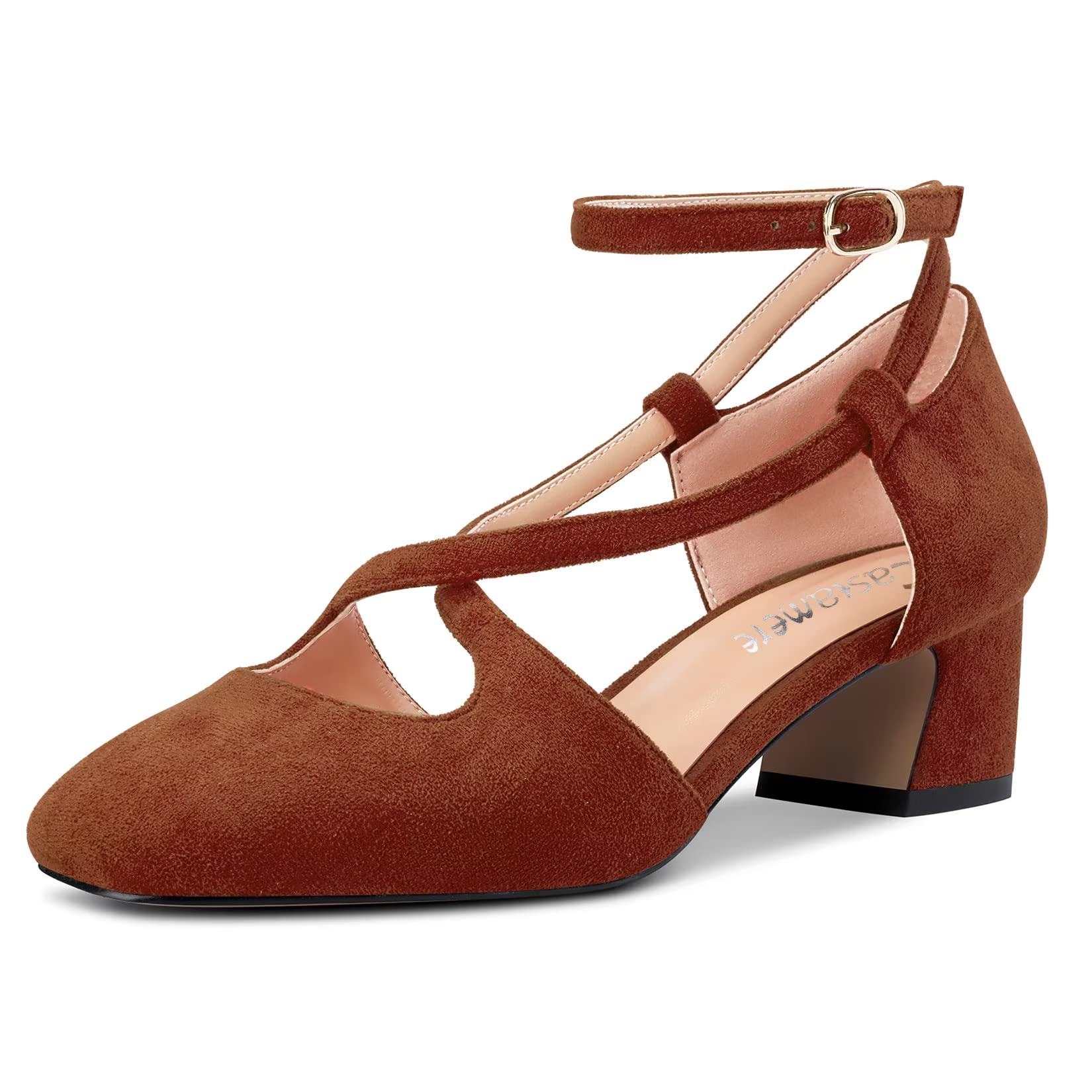 Castamere Women Medium Chunky Wide Heel Square Toe Cross Strap Pumps Party Cute 