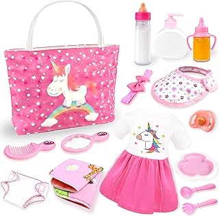 Baby Doll Accessories - Feeding and Caring Set with Diaper Bag, Bottles for Girls Toys Gift, Stuff Clothes Fit 14-16 Inch and 18 Inch Dolls
