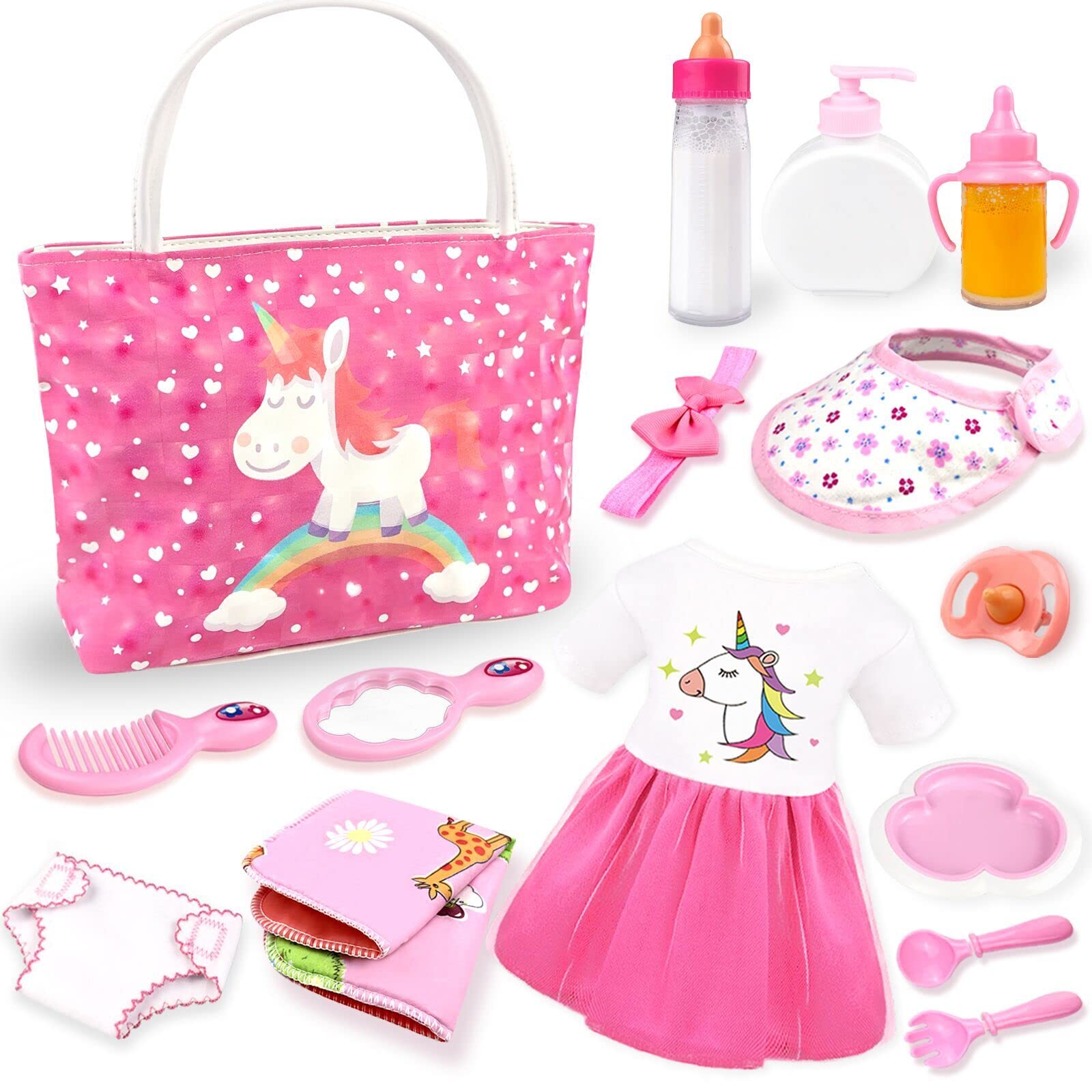 Baby Doll Accessories - Feeding and Caring Set with Diaper Bag, Bottles for Girl