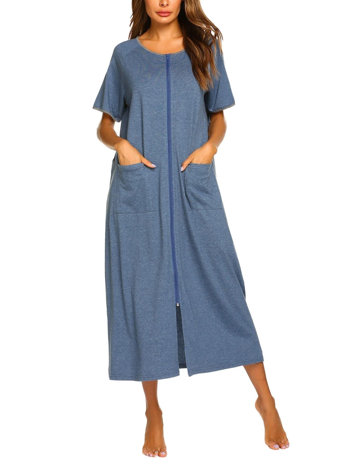Ekouaer Womens Dressing Gown Short Sleeve Zip Front Long Dressing Gown with Pock
