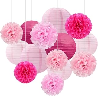 18 PCS Pink Paper Lanterns & Tissue Paper Pom Poms for Girls Birthday, Baby Shower, Wedding, Bridal Shower, Hanging Paper Decor, Party Decoration Set for Indoor Outdoor Events Theme Party Supplies