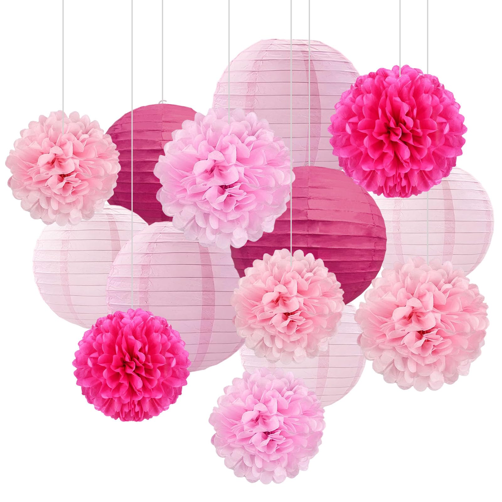18 PCS Pink Paper Lanterns & Tissue Paper Pom Poms for Girls Birthday, Baby Show