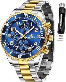 OLEVS Luxury Mens Chronograph Lunar Phase Two Tone Stainless Steel Waterproof Luminous Business Calendar