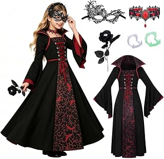 Girls Halloween Costume Medieval Gothic Royal Vampiress Long Dress | Victorian Halloween Vampire Costume Gown Girl Long Sleeve Dress With Mask Outdoor Party Trick Or Treating Outfit