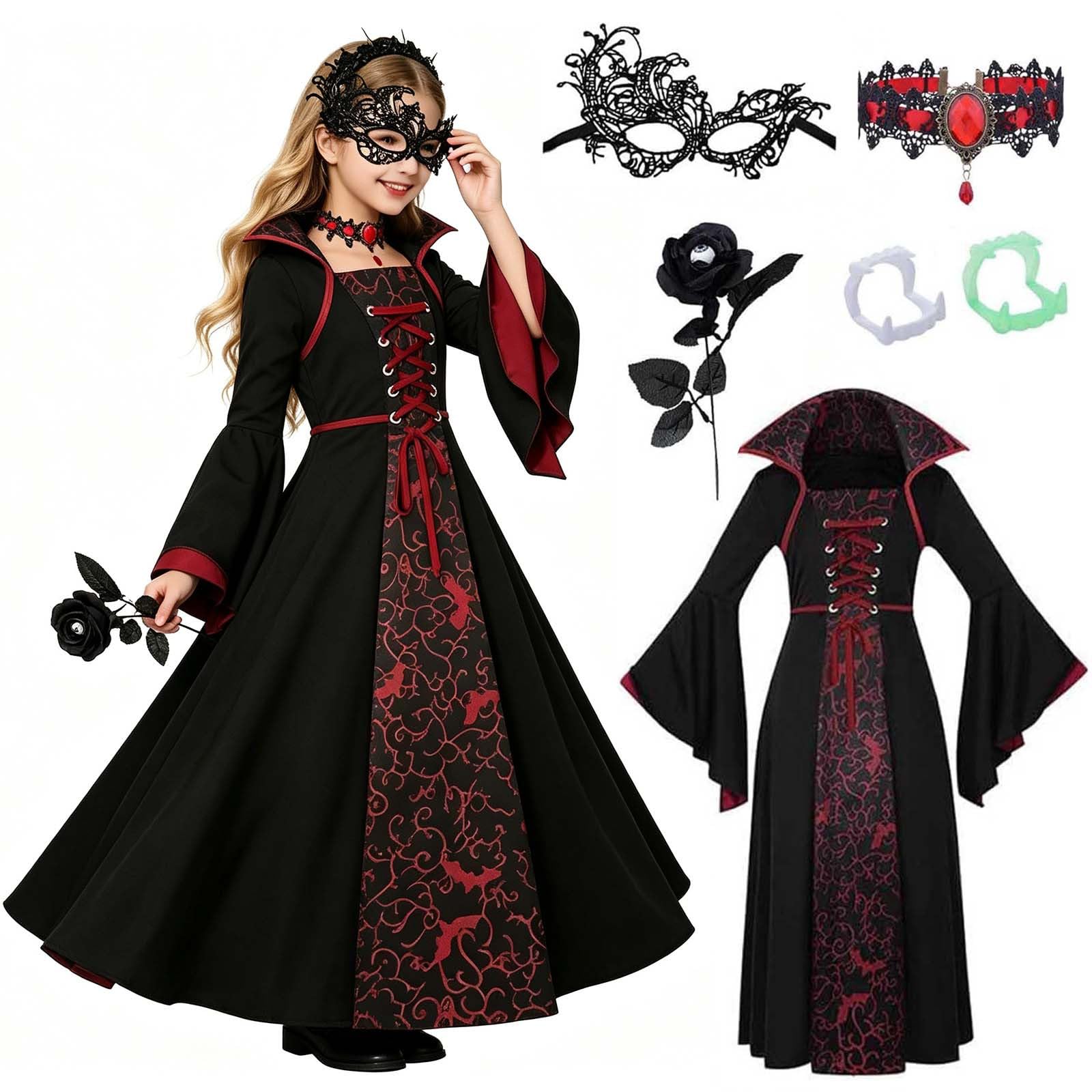 Girls Halloween Costume Medieval Gothic Royal Vampiress Long Dress | Victorian H