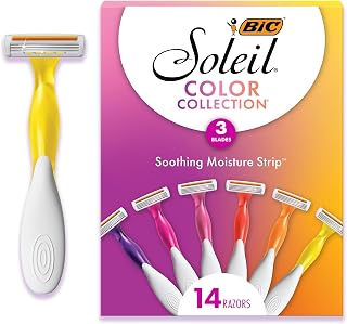 BIC Soleil 3 Colors Women's Disposable 3-Blade Razors, Aloe Vera Strip, College Dorm Room Essential, Shower Caddy and Toiletry Bag Ready, 14-Pack