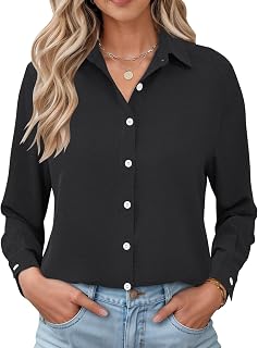LOMON Womens Long Sleeve Button Down Shirts Casual Loose Fit Cotton Collared Blouses