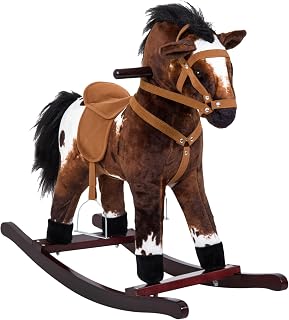 Qaba Rocking Horse Realistic Sounds for Toddlers 3-9, Dark Brown | Kids Plush Ride On Toy, Wooden Animal Rocker
