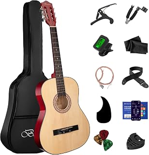 BESYOU Acoustic Guitar 38" Wood Guitar with starter kit-Travel Gig Bag, Tuner,guitar pick with Beginner Set for Kids/Adults -Natural