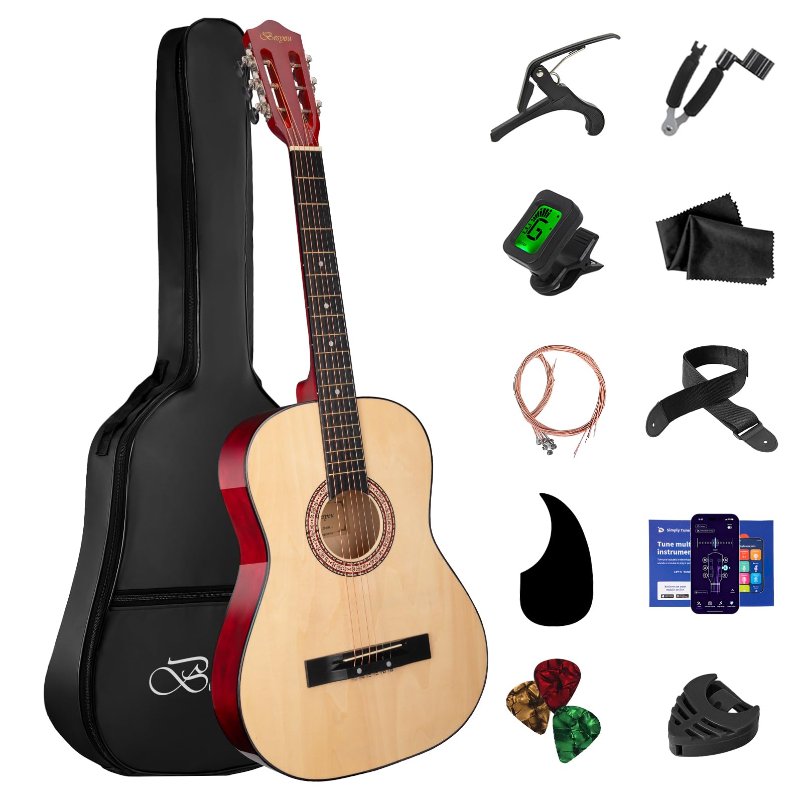 BESYOU Acoustic Guitar 38" Wood Guitar with starter kit-Travel Gig Bag, Tuner,gu